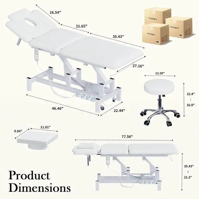 Alt view image 2 of 7 - 2-Motor Electric Massage Table for Physical Therapy (White, with Stool) | Professional Treatment & Medical Exam Table with Wheels, 3-Section Lumbar Lift & Height Adjustable for Facial Tattoo Waxing