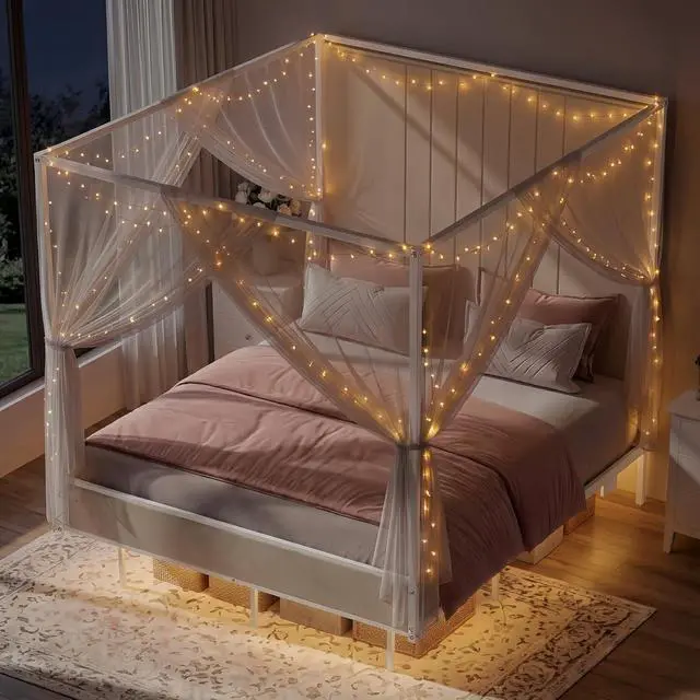 Main image of Queen Canopy Platform Bed with Charging Station & LED Lights | 4-Poster Canopy Design, Heavy-Duty Steel Frame, 11-Inch Under-Bed Storage, No Box Spring Needed, Easy Assembly & Noise-Free