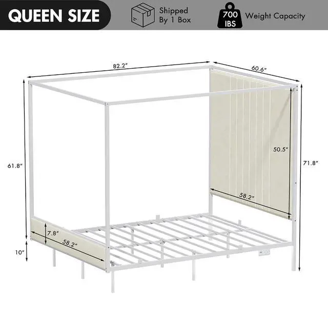 Alt view image 2 of 7 - Queen Canopy Platform Bed with Charging Station & LED Lights | 4-Poster Canopy Design, Heavy-Duty Steel Frame, 11-Inch Under-Bed Storage, No Box Spring Needed, Easy Assembly & Noise-Free