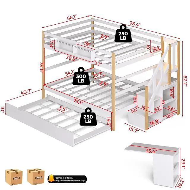 Alt view image 2 of 7 - Full Over Full Bunk Bed with Trundle and Storage Stairs, Solid Wood Bunk Bed with Foldable Desk, No Box Spring Needed, for Kids, Teens & Adults (White+Wood)