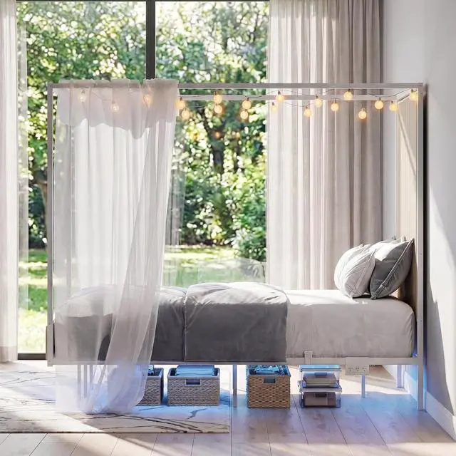 Alt view image 3 of 7 - Queen Canopy Platform Bed with Charging Station & LED Lights | 4-Poster Canopy Design, Heavy-Duty Steel Frame, 11-Inch Under-Bed Storage, No Box Spring Needed, Easy Assembly & Noise-Free