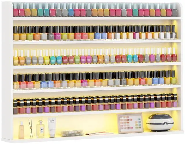 Main image of Wood Nail Polish Rack Display, 6 Tiers Nail Polish Wall Organizer, White | Wall Mounted Nail Polish Storage & Display Shelf, 6 Layers Wall Mount Nail Polish Holder Wall, LED Light, Acrylic Baffle