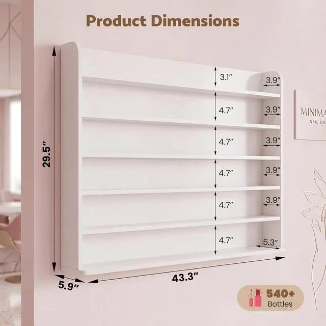 Alt view image 3 of 7 - Wood Nail Polish Rack Display, 6 Tiers Nail Polish Wall Organizer, White | Wall Mounted Nail Polish Storage & Display Shelf, 6 Layers Wall Mount Nail Polish Holder Wall, LED Light, Acrylic Baffle