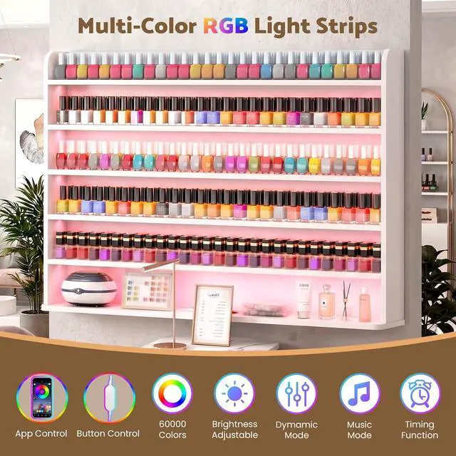 Alt view image 4 of 7 - Wood Nail Polish Rack Display, 6 Tiers Nail Polish Wall Organizer, White | Wall Mounted Nail Polish Storage & Display Shelf, 6 Layers Wall Mount Nail Polish Holder Wall, LED Light, Acrylic Baffle