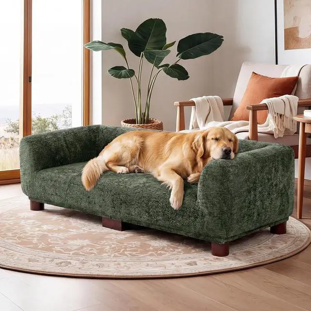 Alt view image 7 of 7 - Dog Couch Sofa for Large & Extra Large Dogs, Elevated Pet Bed with Legs, Button Tufted Chenille Dog Couch with Backrest and Armrests, Modern Indoor Dog Furniture (Green, XL - 47" x 24" x 15")