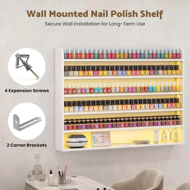 Alt view image 7 of 7 - Wood Nail Polish Rack Display, 6 Tiers Nail Polish Wall Organizer, White | Wall Mounted Nail Polish Storage & Display Shelf, 6 Layers Wall Mount Nail Polish Holder Wall, LED Light, Acrylic Baffle