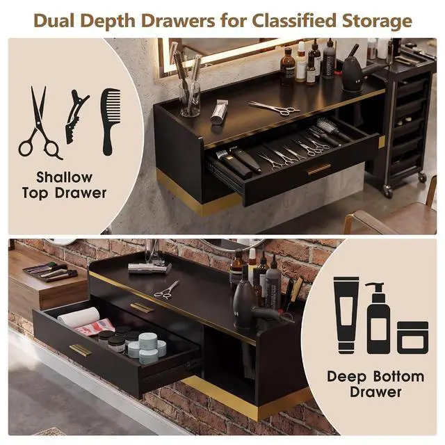 Alt view image 3 of 7 - 39.4" Wall Mount Salon Stations for Hair Stylist, Professional Floating Barber Desk with Gold Accent, 2 Drawers & 3 Tool Holders, Styling Station with Storage for Barbershop, Beauty & Spa, Black