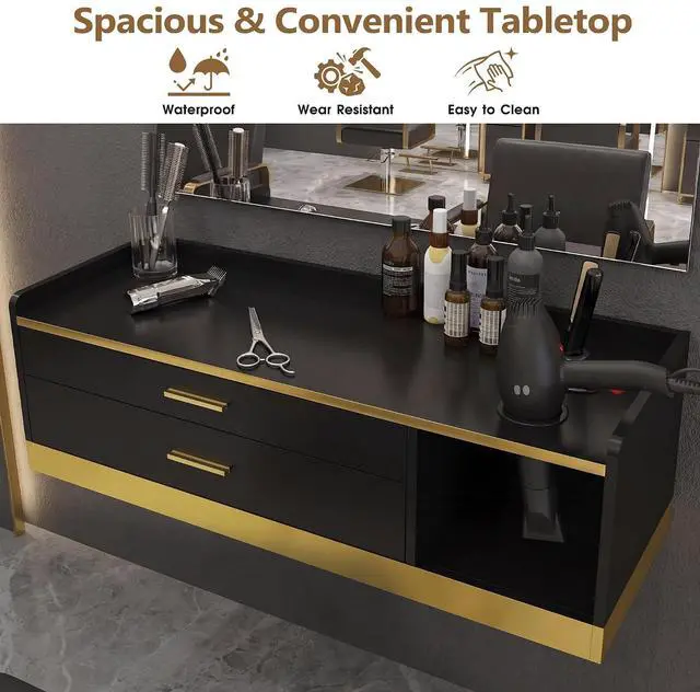 Alt view image 5 of 7 - 39.4" Wall Mount Salon Stations for Hair Stylist, Professional Floating Barber Desk with Gold Accent, 2 Drawers & 3 Tool Holders, Styling Station with Storage for Barbershop, Beauty & Spa, Black