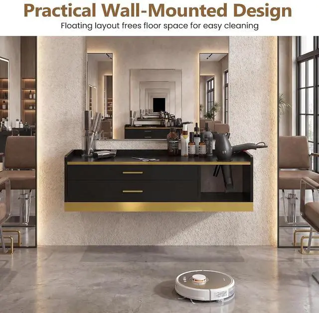 Alt view image 7 of 7 - 39.4" Wall Mount Salon Stations for Hair Stylist, Professional Floating Barber Desk with Gold Accent, 2 Drawers & 3 Tool Holders, Styling Station with Storage for Barbershop, Beauty & Spa, Black