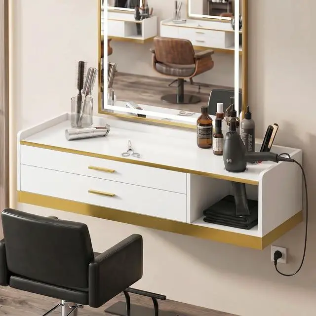 Main image of 39.4" Wall Mount Salon Stations Floating Barber Desk (White) | Hair Styling Station with Gold Accent, 2 Drawers & 3 Tool Holders, Professional Salon Furniture for Barbershop, Beauty & Spa