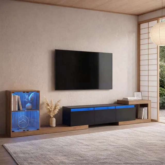 Main image of Extendable TV Stand with Glass Cabinet for 75-110 TVs, Modern Entertainment Center with LED, 2 Drawers and Media Storage, Adjustable Length TV Console for Living Room Bedroom (Black)