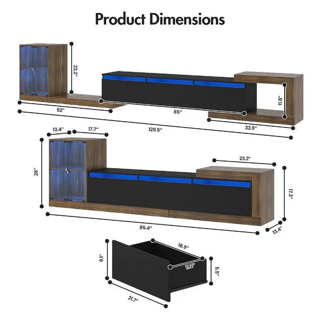 Alt view image 2 of 7 - Extendable TV Stand with Glass Cabinet for 75-110 TVs, Modern Entertainment Center with LED, 2 Drawers and Media Storage, Adjustable Length TV Console for Living Room Bedroom (Black)
