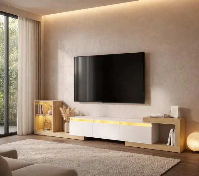 Main image of Extendable TV Stand with Glass Cabinet for 75-110 TVs, Modern Entertainment Center with LED, 2 Drawers and Media Storage, Adjustable Length TV Console for Living Room Bedroom (White,85.4"-129.5")