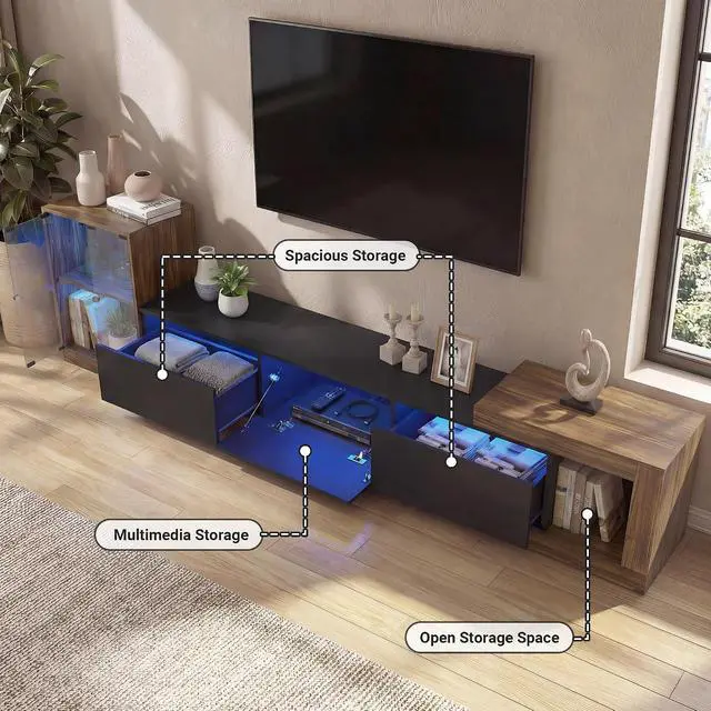 Alt view image 4 of 7 - Extendable TV Stand with Glass Cabinet for 75-110 TVs, Modern Entertainment Center with LED, 2 Drawers and Media Storage, Adjustable Length TV Console for Living Room Bedroom (Black)