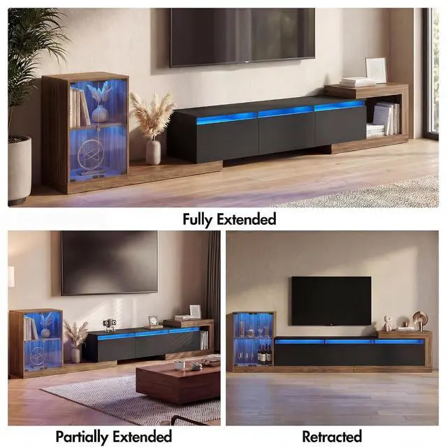 Alt view image 7 of 7 - Extendable TV Stand with Glass Cabinet for 75-110 TVs, Modern Entertainment Center with LED, 2 Drawers and Media Storage, Adjustable Length TV Console for Living Room Bedroom (Black)