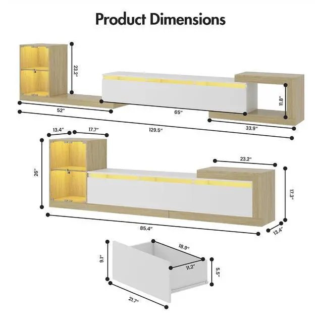Alt view image 2 of 7 - Extendable TV Stand with Glass Cabinet for 75-110 TVs, Modern Entertainment Center with LED, 2 Drawers and Media Storage, Adjustable Length TV Console for Living Room Bedroom (White,85.4"-129.5")