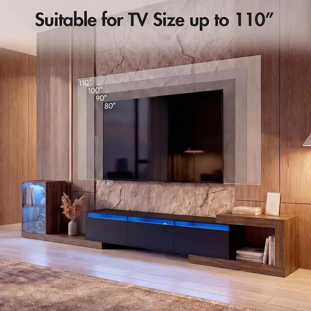 Alt view image 5 of 7 - Extendable TV Stand with Glass Cabinet for 75-110 TVs, Modern Entertainment Center with LED, 2 Drawers and Media Storage, Adjustable Length TV Console for Living Room Bedroom (Black)