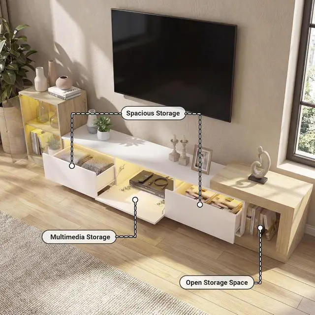 Alt view image 3 of 7 - Extendable TV Stand with Glass Cabinet for 75-110 TVs, Modern Entertainment Center with LED, 2 Drawers and Media Storage, Adjustable Length TV Console for Living Room Bedroom (White,85.4"-129.5")