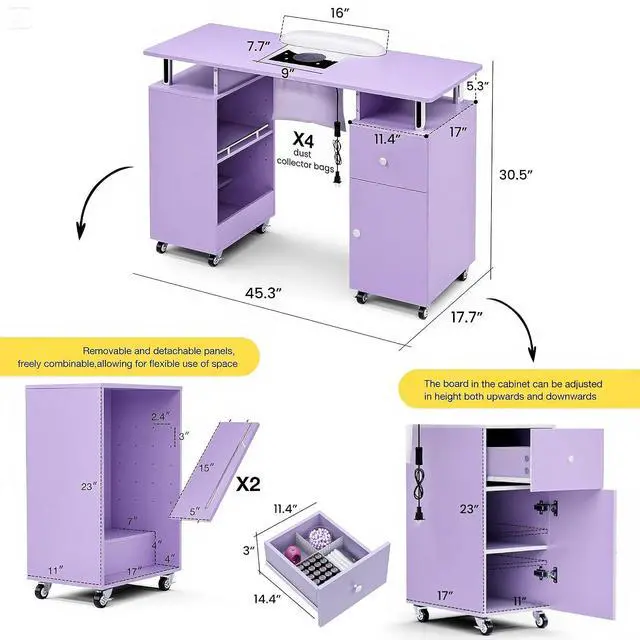 Alt view image 3 of 7 - Manicure Table, Nail Desk Nail Tech Table with Dust Collector, Arm Rest, Wheels, Drawer & Cabinet, Beauty Salon Station, Purple