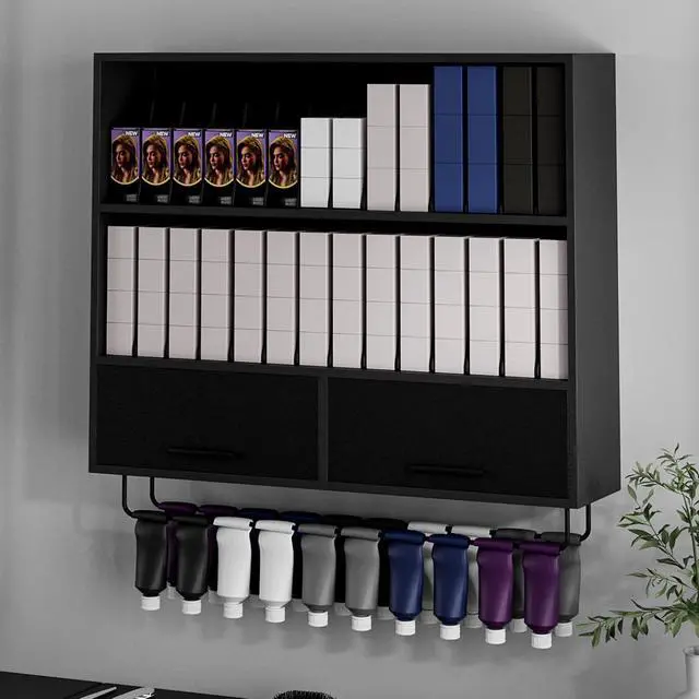 Alt view image 2 of 7 - Wall Mount Hair Color Organizer Rack with Removable Dividers, Hair Color Bar Wall Shelf Cabinet for Dye Storage and Display, Holds 160+ Tubes for Barbershop Beauty Spa, Black