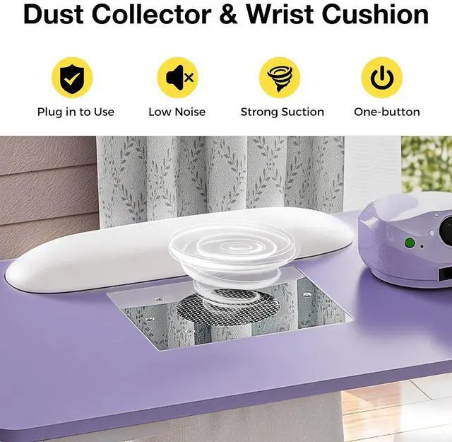 Alt view image 3 of 7 - Manicure Table Nail Desk for Nail Tech with Dust Collector & Wrist Rest, Acetone Resistant Beauty Salon Station with Lockable Wheels, Purple