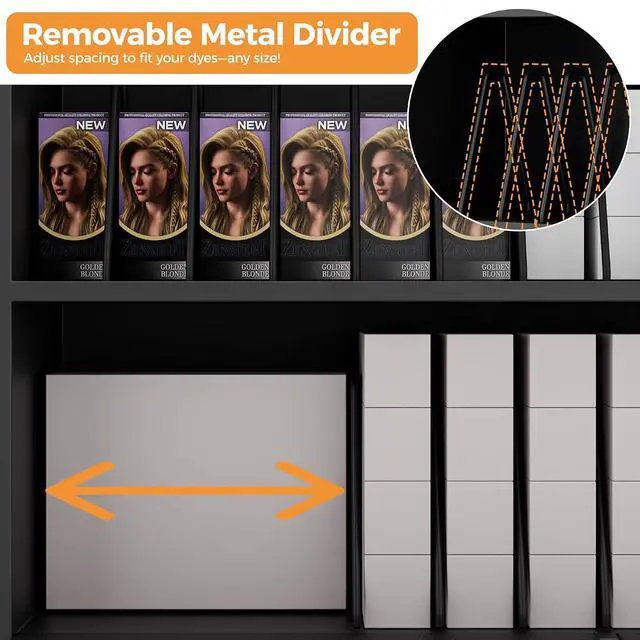 Alt view image 4 of 7 - Wall Mount Hair Color Organizer Rack with Removable Dividers, Hair Color Bar Wall Shelf Cabinet for Dye Storage and Display, Holds 160+ Tubes for Barbershop Beauty Spa, Black