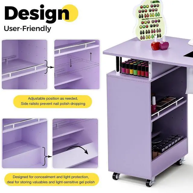 Alt view image 4 of 7 - Manicure Table Nail Desk for Nail Tech with Dust Collector & Wrist Rest, Acetone Resistant Beauty Salon Station with Lockable Wheels, Purple