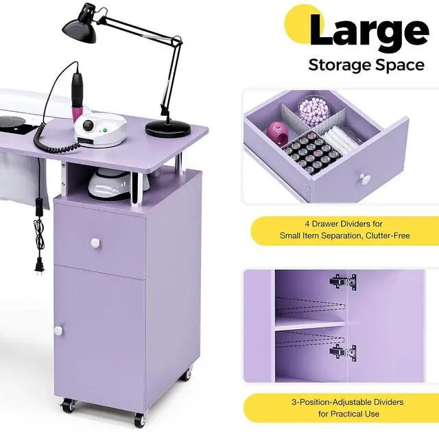 Alt view image 5 of 7 - Manicure Table Nail Desk for Nail Tech with Dust Collector & Wrist Rest, Acetone Resistant Beauty Salon Station with Lockable Wheels, Purple