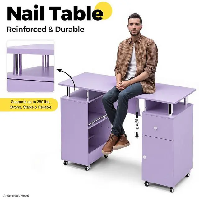 Alt view image 7 of 7 - Manicure Table, Nail Desk Nail Tech Table with Dust Collector, Arm Rest, Wheels, Drawer & Cabinet, Beauty Salon Station, Purple