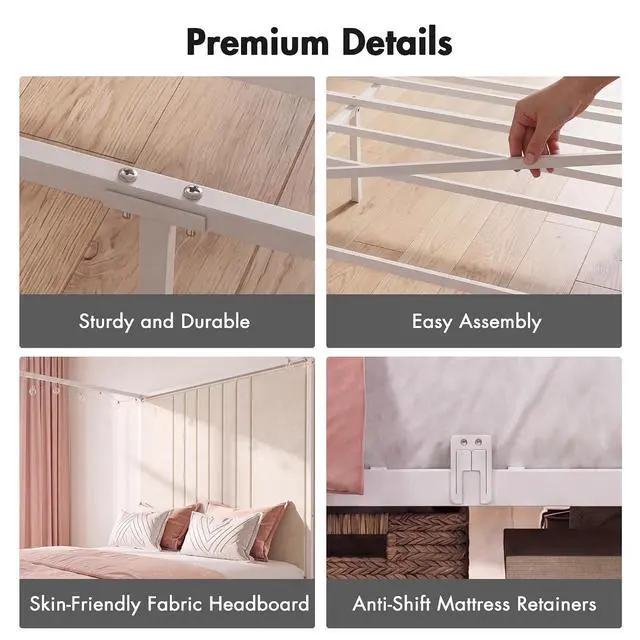 Alt view image 7 of 7 - Queen Canopy Platform Bed with Charging Station & LED Lights | 4-Poster Canopy Design, Heavy-Duty Steel Frame, 11-Inch Under-Bed Storage, No Box Spring Needed, Easy Assembly & Noise-Free