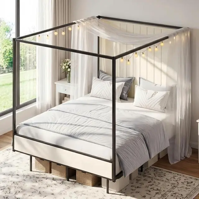 Main image of Full Canopy Platform Bed with Charging Station & LED Lights | 4-Poster Canopy Design, Heavy-Duty Steel Frame, 11-Inch Under-Bed Storage, No Box Spring Needed, Easy Assembly & Noise-Free