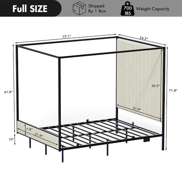 Alt view image 2 of 7 - Full Canopy Platform Bed with Charging Station & LED Lights | 4-Poster Canopy Design, Heavy-Duty Steel Frame, 11-Inch Under-Bed Storage, No Box Spring Needed, Easy Assembly & Noise-Free