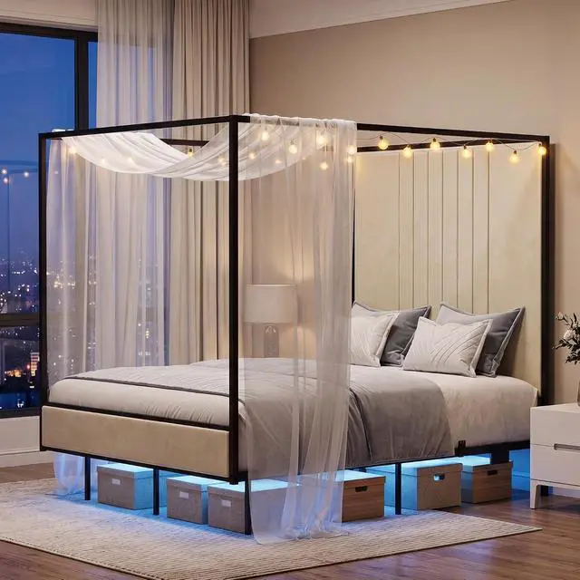 Alt view image 3 of 7 - Full Canopy Platform Bed with Charging Station & LED Lights | 4-Poster Canopy Design, Heavy-Duty Steel Frame, 11-Inch Under-Bed Storage, No Box Spring Needed, Easy Assembly & Noise-Free