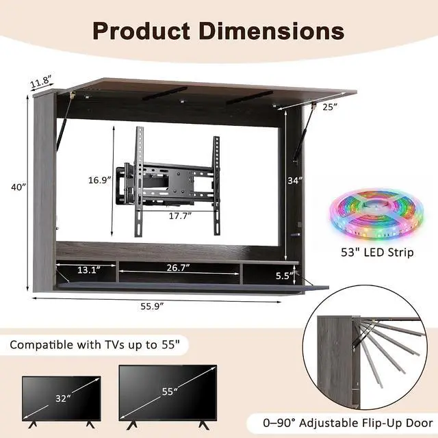 Alt view image 2 of 7 - 45"-55" Outdoor TV Enclosure with LED Light | Wall Mounted TV Cabinet, Lift-Up Door, UV Protection Cover, Steel Bracket, 3 Storage Compartments, for Patio, Backyard, Pool