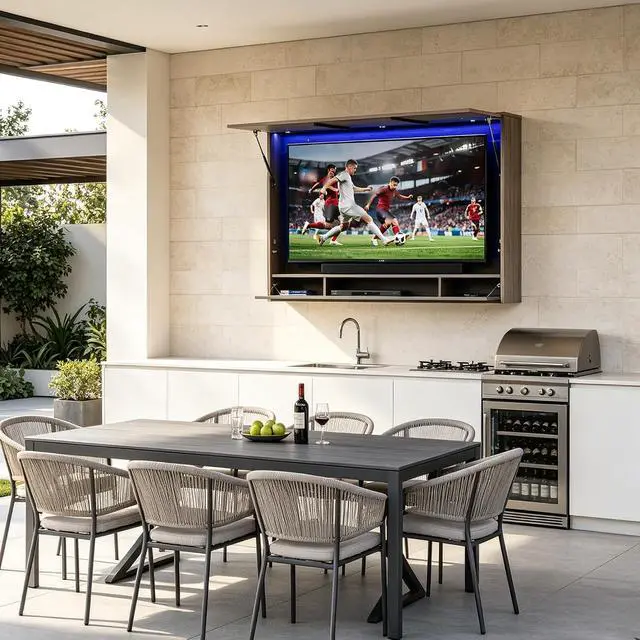 Alt view image 3 of 7 - 45"-55" Outdoor TV Enclosure with LED Light | Wall Mounted TV Cabinet, Lift-Up Door, UV Protection Cover, Steel Bracket, 3 Storage Compartments, for Patio, Backyard, Pool