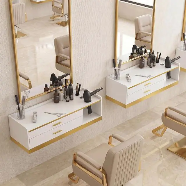Alt view image 7 of 7 - 39.4" Wall Mount Salon Stations Floating Barber Desk (White) | Hair Styling Station with Gold Accent, 2 Drawers & 3 Tool Holders, Professional Salon Furniture for Barbershop, Beauty & Spa
