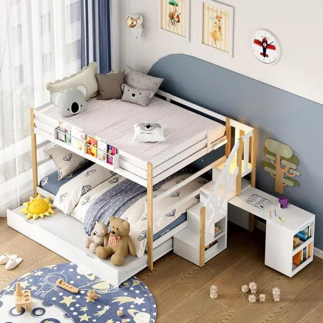 Alt view image 3 of 7 - Twin Over Twin Bunk Bed with Trundle and Storage Stairs, Solid Wood Bunk Bed with Foldable Desk, No Box Spring Needed, for Kids, Teens & Adults (White+Wood)