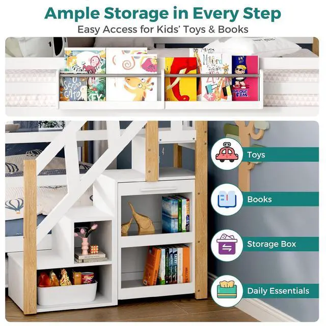 Alt view image 5 of 7 - Twin Over Twin Bunk Bed with Trundle and Storage Stairs, Solid Wood Bunk Bed with Foldable Desk, No Box Spring Needed, for Kids, Teens & Adults (White+Wood)