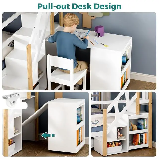 Alt view image 4 of 7 - Twin Over Twin Bunk Bed with Trundle and Storage Stairs, Solid Wood Bunk Bed with Foldable Desk, No Box Spring Needed, for Kids, Teens & Adults (White+Wood)