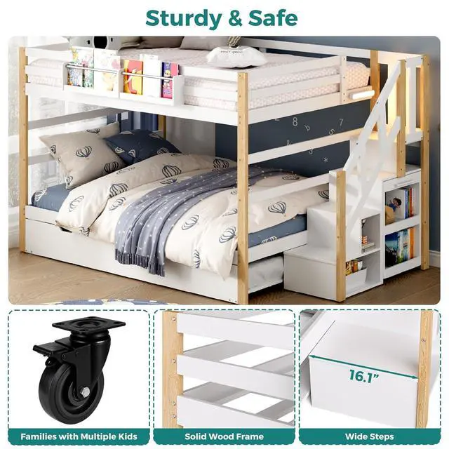 Alt view image 7 of 7 - Twin Over Twin Bunk Bed with Trundle and Storage Stairs, Solid Wood Bunk Bed with Foldable Desk, No Box Spring Needed, for Kids, Teens & Adults (White+Wood)
