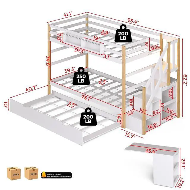 Alt view image 2 of 7 - Twin Over Twin Bunk Bed with Trundle and Storage Stairs, Solid Wood Bunk Bed with Foldable Desk, No Box Spring Needed, for Kids, Teens & Adults (White+Wood)