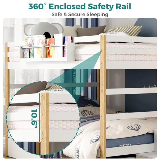 Alt view image 7 of 7 - Full Over Full Bunk Bed with Trundle and Storage Stairs, Solid Wood Bunk Bed with Foldable Desk, No Box Spring Needed, for Kids, Teens & Adults (White+Wood)