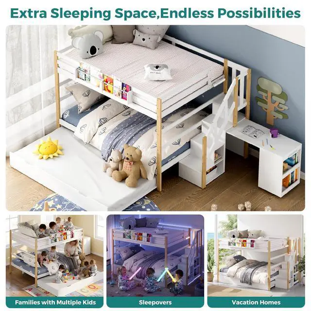 Alt view image 6 of 7 - Twin Over Twin Bunk Bed with Trundle and Storage Stairs, Solid Wood Bunk Bed with Foldable Desk, No Box Spring Needed, for Kids, Teens & Adults (White+Wood)