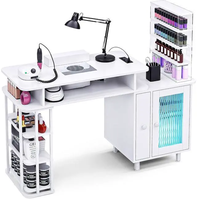 Main image of Manicure Table with LED Light, Nail Desk Nail Tech Table w/Dust Collector & Charging Station, Nail Station w/Removable Acrylic Storage Shelf, Drawers & Glass Door Cabinet, White