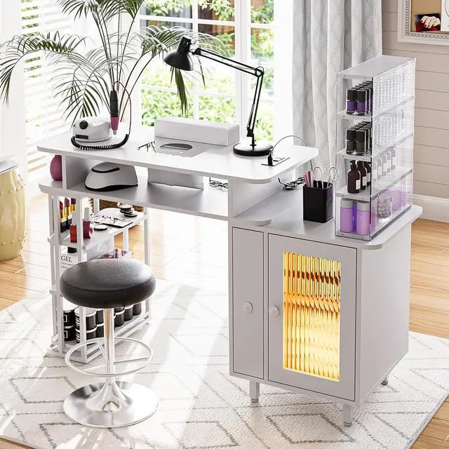 Alt view image 2 of 7 - Manicure Table with LED Light, Nail Desk Nail Tech Table w/Dust Collector & Charging Station, Nail Station w/Removable Acrylic Storage Shelf, Drawers & Glass Door Cabinet, White