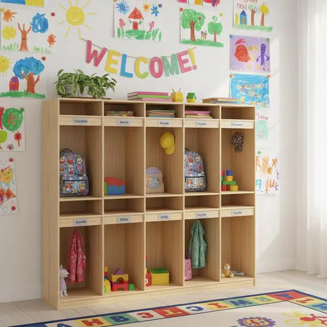 Alt view image 2 of 7 - 10-Section Classroom Coat Locker with 10 Cubbies, Daycare Cubbies with 20 Hooks and Acrylic Mirror, Kindergarten Lockers for Home, School, Nursery