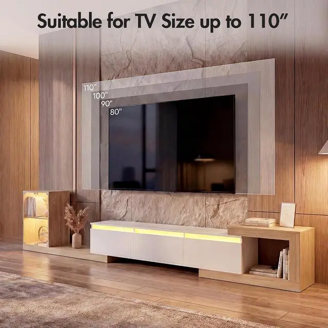 Alt view image 4 of 7 - Extendable TV Stand with Glass Cabinet for 75-110 TVs, Modern Entertainment Center with LED, 2 Drawers and Media Storage, Adjustable Length TV Console for Living Room Bedroom (White,85.4"-129.5")