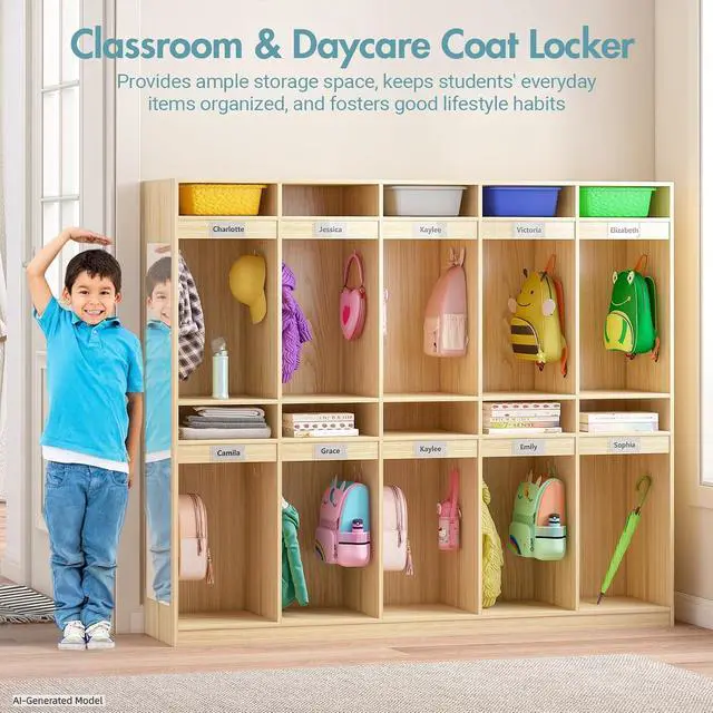 Alt view image 4 of 7 - 10-Section Classroom Coat Locker with 10 Cubbies, Daycare Cubbies with 20 Hooks and Acrylic Mirror, Kindergarten Lockers for Home, School, Nursery