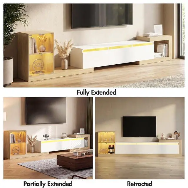 Alt view image 5 of 7 - Extendable TV Stand with Glass Cabinet for 75-110 TVs, Modern Entertainment Center with LED, 2 Drawers and Media Storage, Adjustable Length TV Console for Living Room Bedroom (White,85.4"-129.5")
