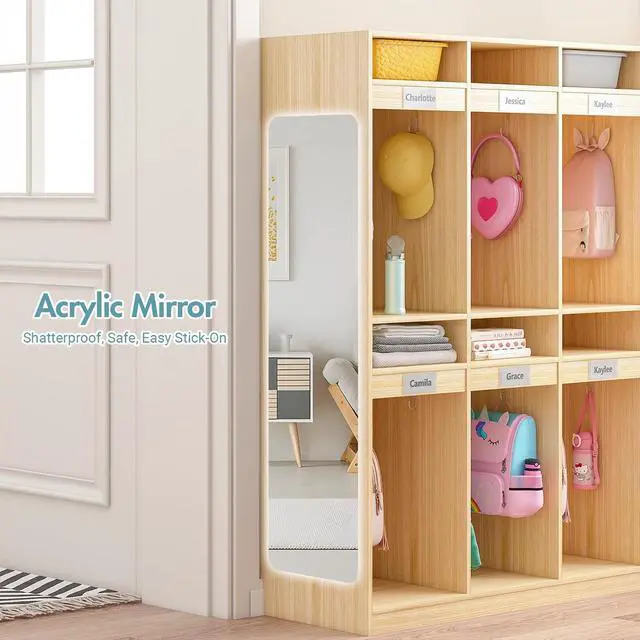 Alt view image 6 of 7 - 10-Section Classroom Coat Locker with 10 Cubbies, Daycare Cubbies with 20 Hooks and Acrylic Mirror, Kindergarten Lockers for Home, School, Nursery